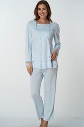 Lace Sleeve Maternity & Nursing Pajama Set Blue - 2015