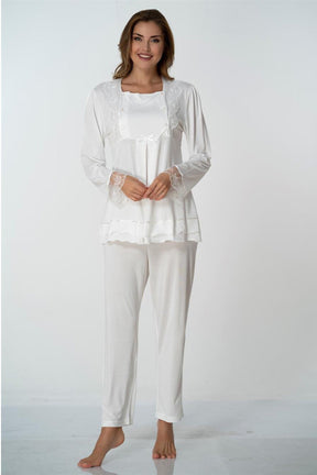 Lace Sleeve 3-Piece Maternity-Nursing Pajama & Robe Set Ecru - 2018