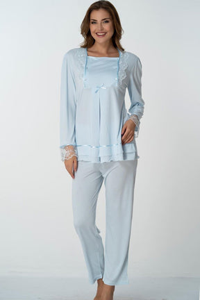 Lace Sleeve 3-Piece Maternity-Nursing Pajama & Robe Set Blue - 2018