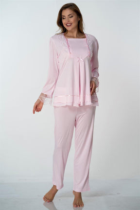 Lace Sleeve 3-Piece Maternity-Nursing Pajama & Robe Set Pink - 2018