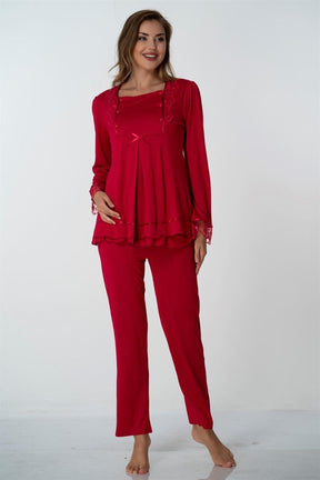 Lace Sleeve 3-Piece Maternity-Nursing Pajama & Robe Set Cherry - 2018