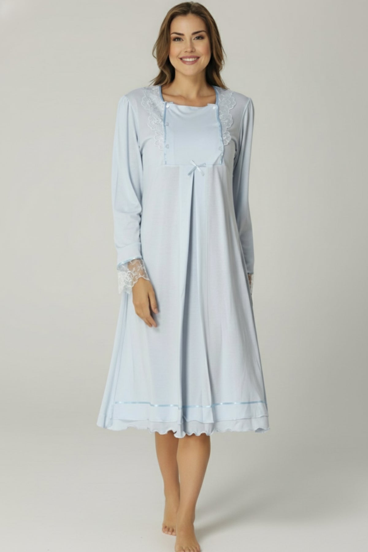 Lace Sleeve Maternity & Nursing Nightgown Blue - 2016