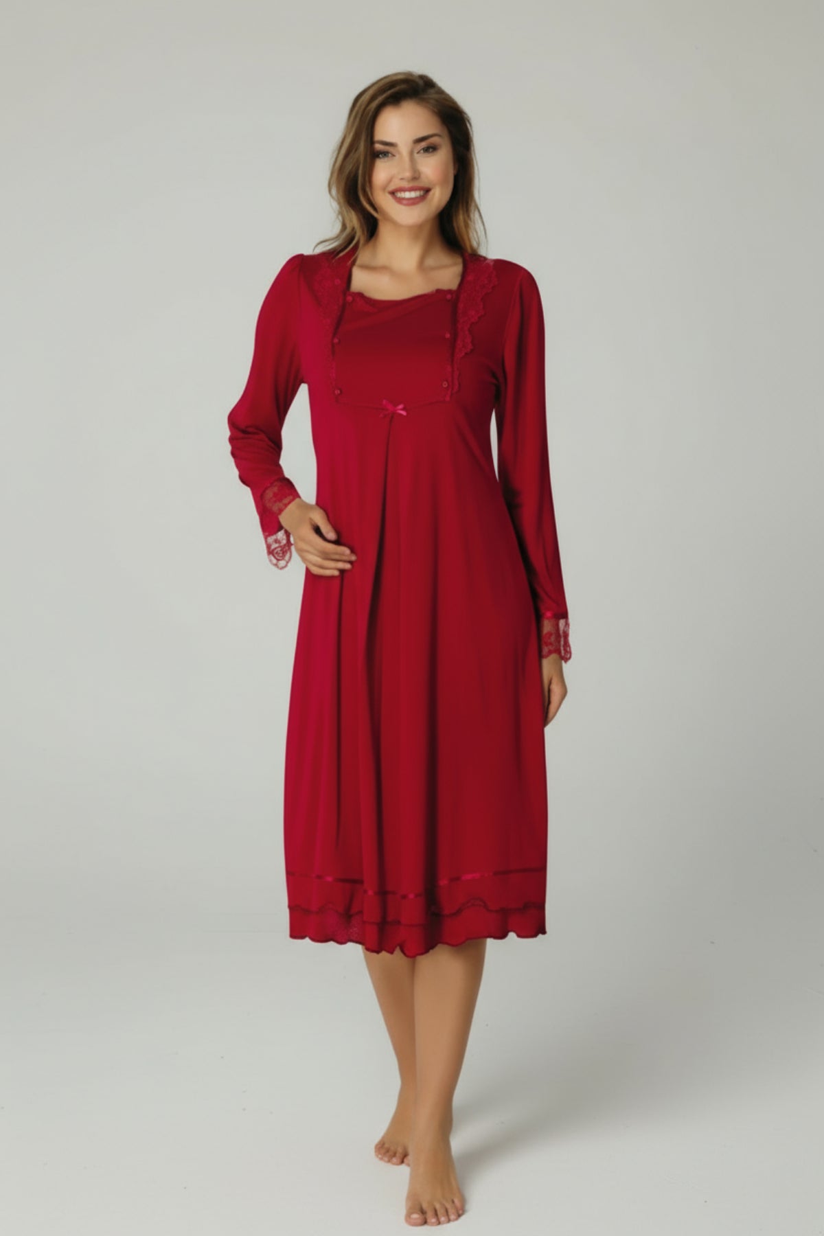 Lace Sleeve 4-Piece Maternity-Nursing Set Cherry - 2020