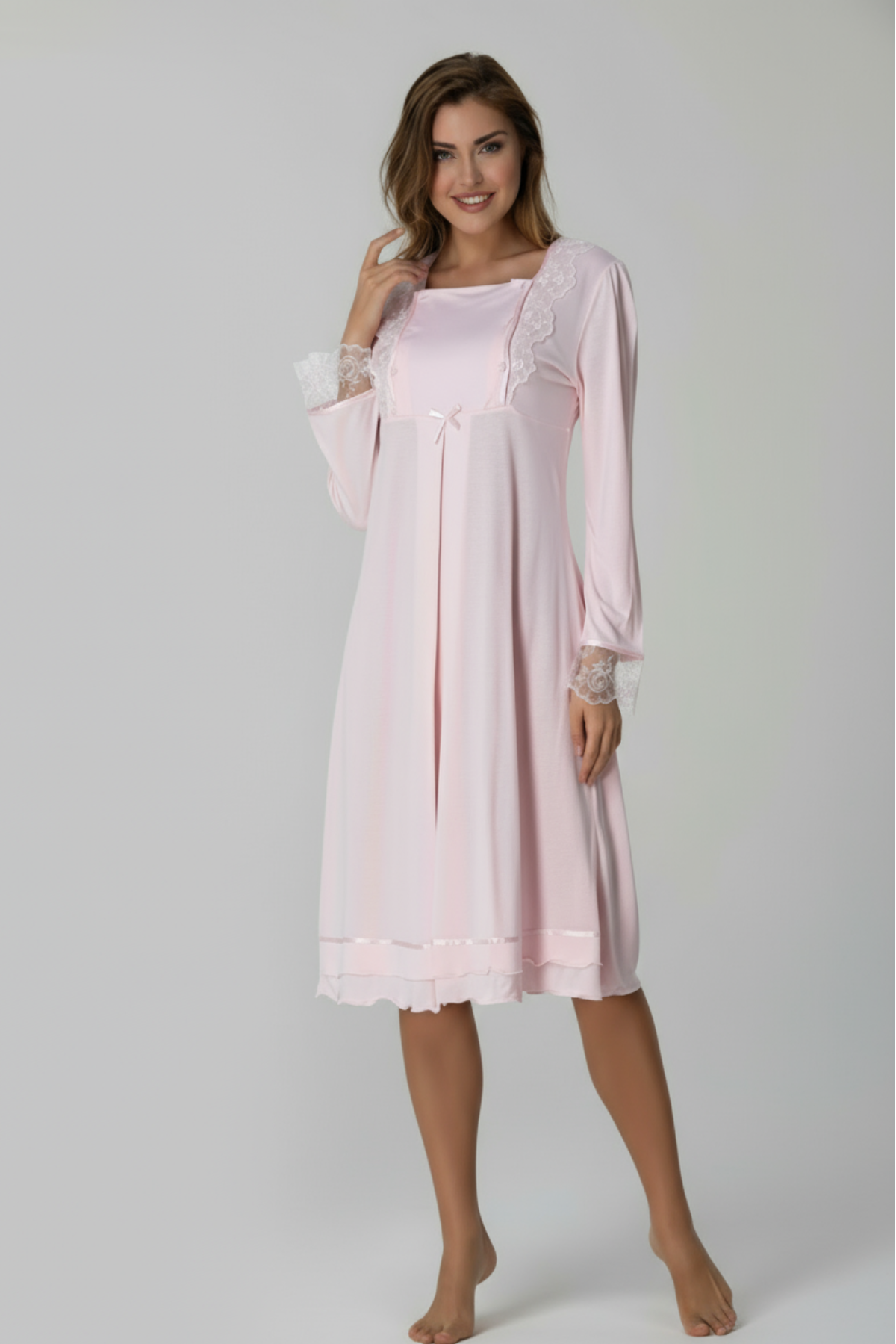 Lace Sleeve Maternity & Nursing Nightgown Pink - 2016