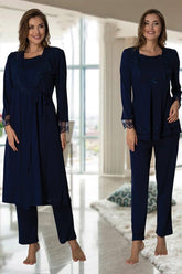 Lace Sleeve 3-Piece Maternity-Nursing Pajama & Robe Set Navy Blue - 2018