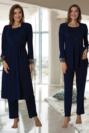 Lace Sleeve 3-Piece Maternity-Nursing Pajama & Robe Set Navy Blue - 2018