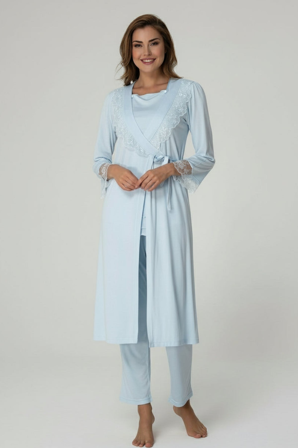 Lace Sleeve 3-Piece Maternity-Nursing Pajama & Robe Set Blue - 2018