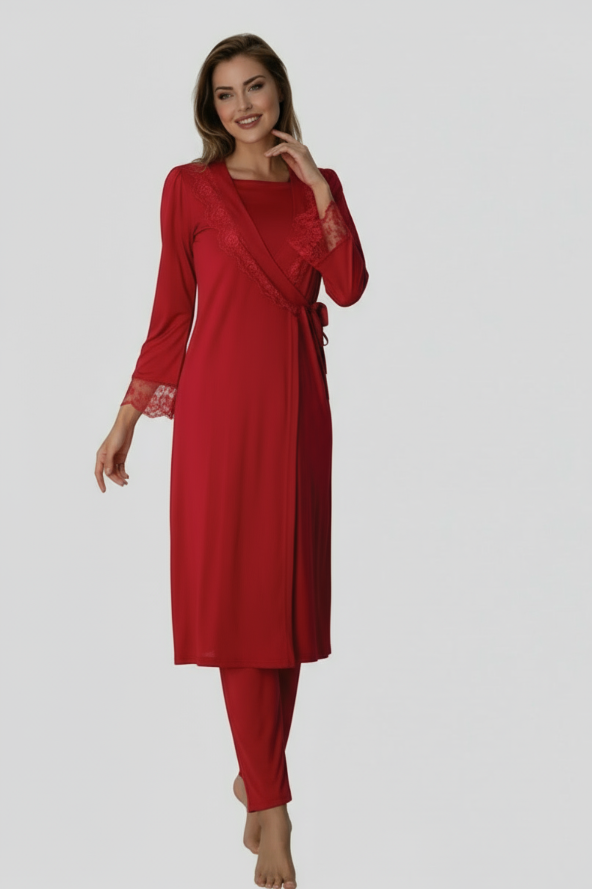 Lace Sleeve 3-Piece Maternity-Nursing Pajama & Robe Set Cherry - 2018