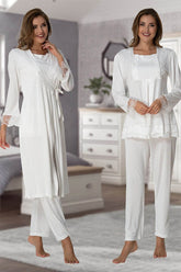 Lace Sleeve 3-Piece Maternity-Nursing Pajama & Robe Set Ecru - 2018