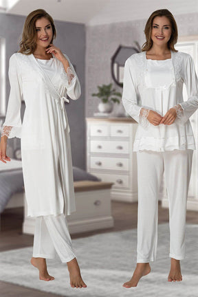 Lace Sleeve 3-Piece Maternity-Nursing Pajama & Robe Set Ecru - 2018