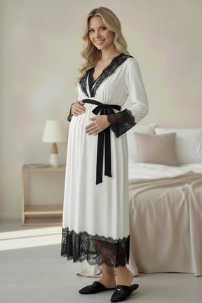 Black Lace Embroidered Maternity-Nursing Nightgown & Robe Set Ecru - 2018