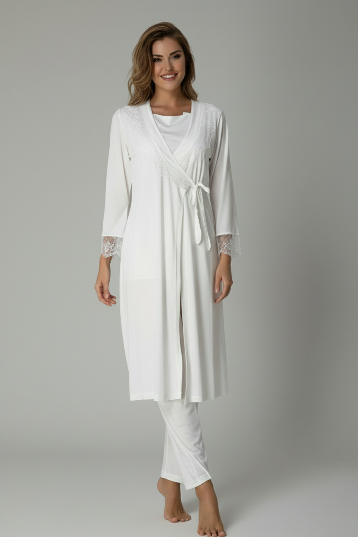 Lace Sleeve 3-Piece Maternity-Nursing Pajama & Robe Set Ecru - 2018