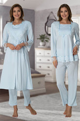 Lace Sleeve 3-Piece Maternity-Nursing Pajama & Robe Set Blue - 2018