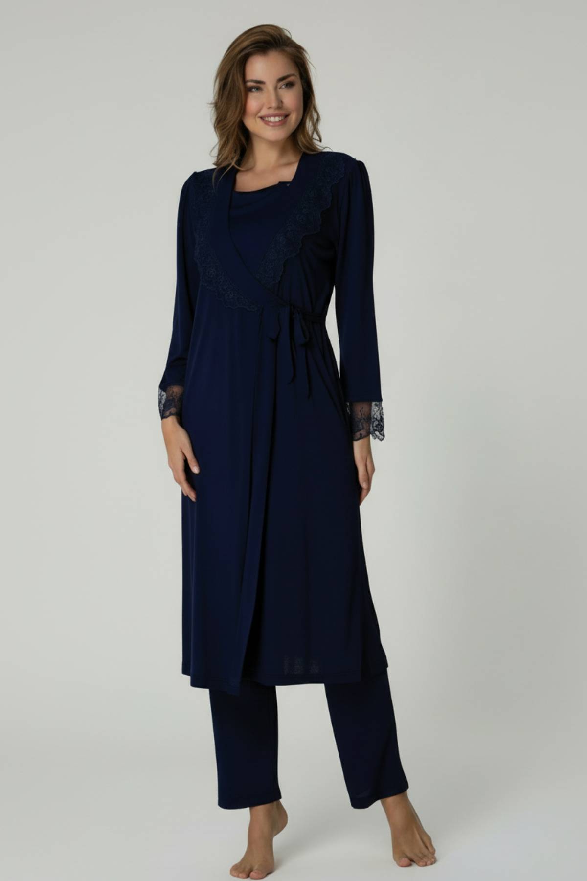 Lace Sleeve 3-Piece Maternity-Nursing Pajama & Robe Set Navy Blue - 2018