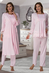 Lace Sleeve 3-Piece Maternity-Nursing Pajama & Robe Set Pink - 2018