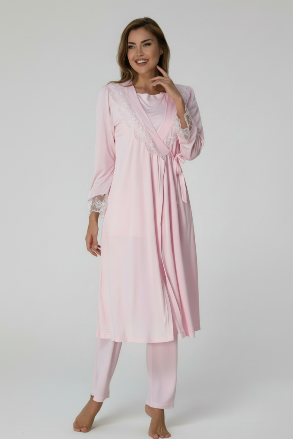 Lace Sleeve 3-Piece Maternity-Nursing Pajama & Robe Set Pink - 2018