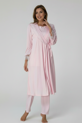Lace Sleeve 3-Piece Maternity-Nursing Pajama & Robe Set Pink - 2018