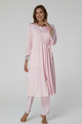 Lace Sleeve 3-Piece Maternity-Nursing Pajama & Robe Set Pink - 2018
