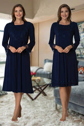 Lace Sleeve Maternity-Nursing Nightgown & Robe Set Navy Blue - 2019