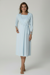 Lace Sleeve Maternity-Nursing Nightgown & Robe Set Blue - 2019
