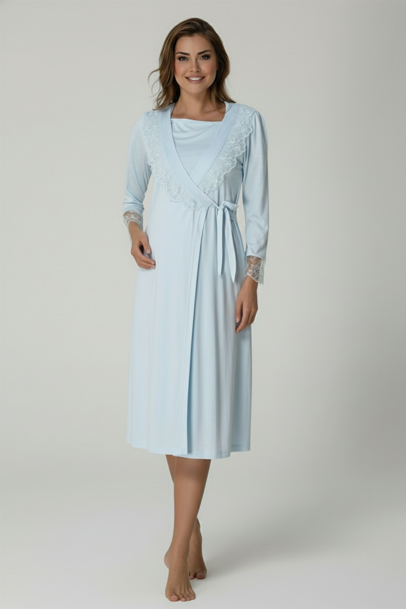 Lace Sleeve Maternity-Nursing Nightgown & Robe Set Blue - 2019