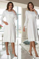 Lace Sleeve Maternity-Nursing Nightgown & Robe Set Ecru - 2019