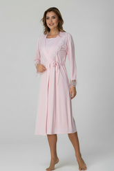 Lace Sleeve Maternity-Nursing Nightgown & Robe Set Pink - 2019