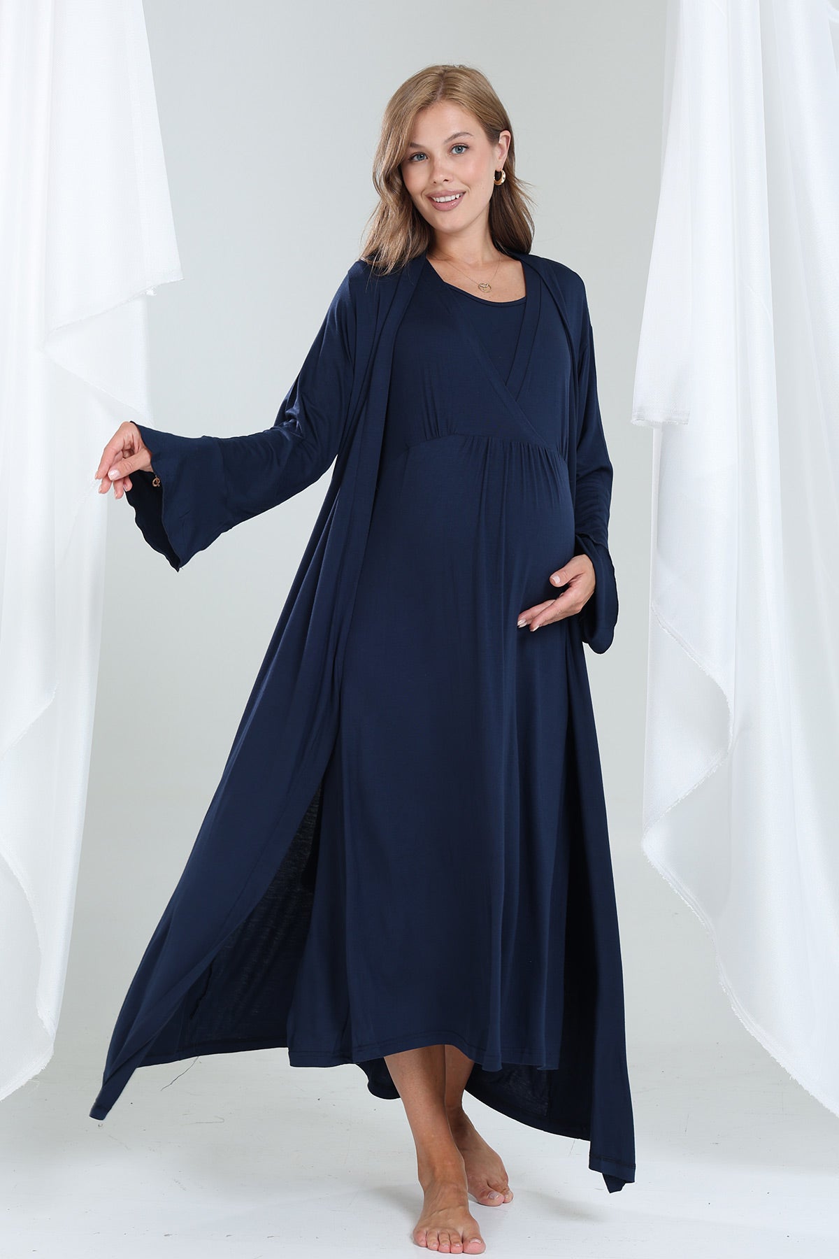 Double Breasted Maternity-Nursing Nightgown & Robe Set Navy Blue - 201