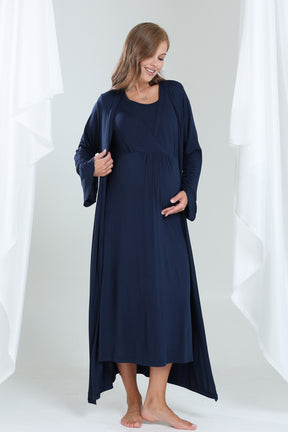 Double Breasted Maternity-Nursing Nightgown & Robe Set Navy Blue - 533