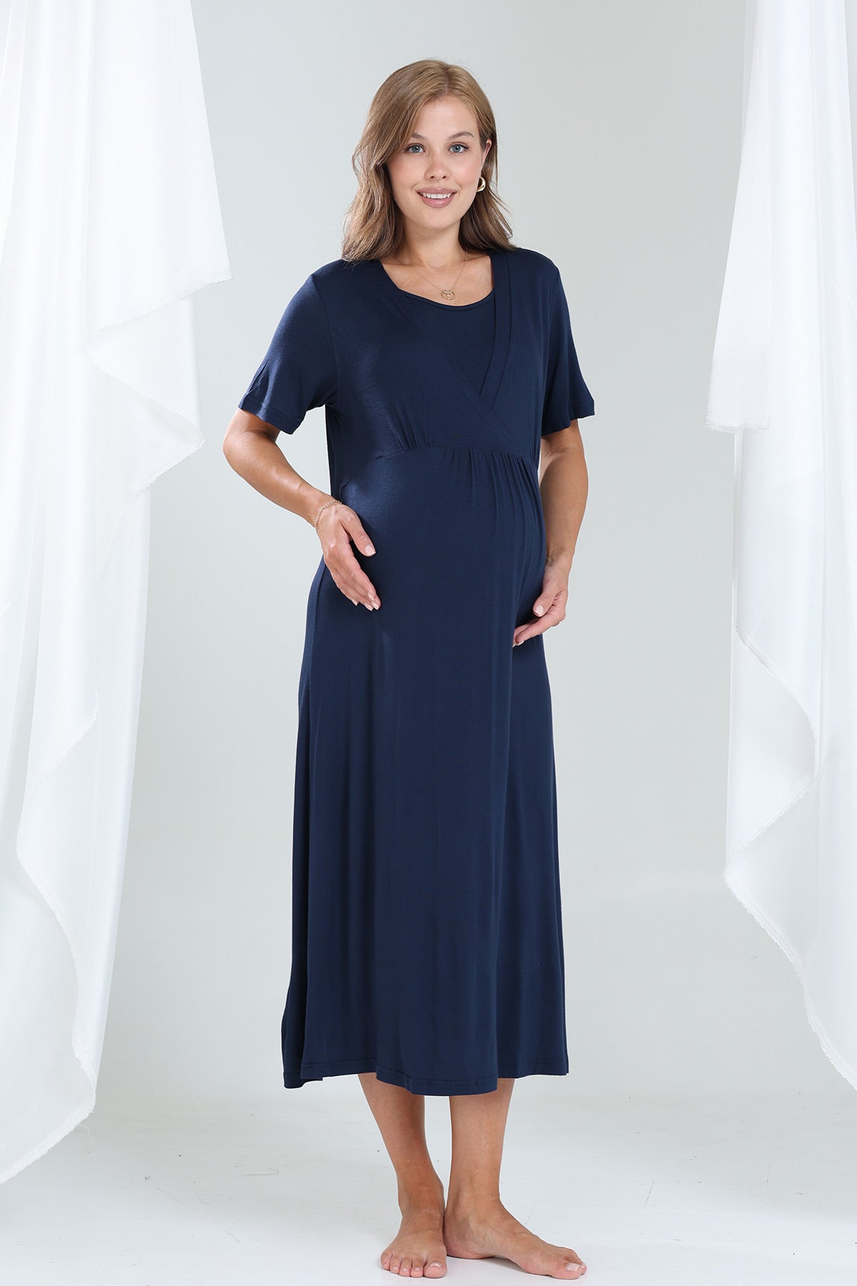 Double Breasted Maternity-Nursing Nightgown & Robe Set Navy Blue - 201