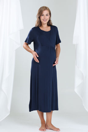 Double Breasted Maternity-Nursing Nightgown & Robe Set Navy Blue - 533