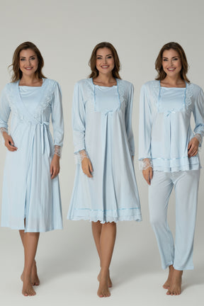 Lace Sleeve 4-Piece Maternity-Nursing Set Blue - 2020