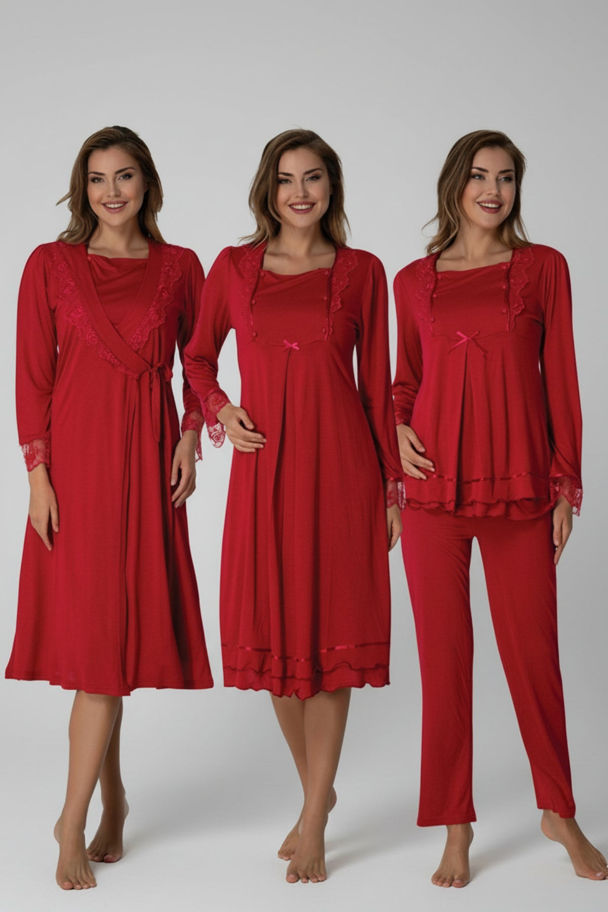Lace Sleeve 4-Piece Maternity-Nursing Set Cherry - 2020