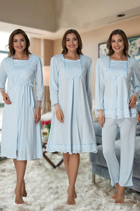 Lace Sleeve 4-Piece Maternity-Nursing Set Blue - 2020