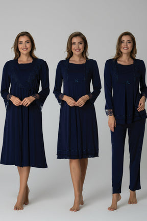 Lace Sleeve 4-Piece Maternity-Nursing Set Navy Blue - 2020