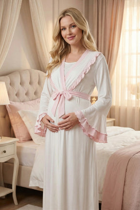 Pink Pleated Maternity-Nursing Nightgown & Robe Set Pink - 2021