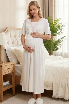 Pink Pleated Maternity-Nursing Nightgown & Robe Set Pink - 2021