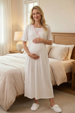 Pink Pleated Maternity-Nursing Nightgown & Robe Set Pink - 2021