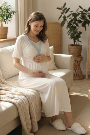 Blue Pleated Maternity-Nursing Nightgown & Robe Set Blue - 2022