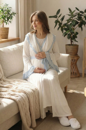 Blue Pleated Maternity-Nursing Nightgown & Robe Set Blue - 2022