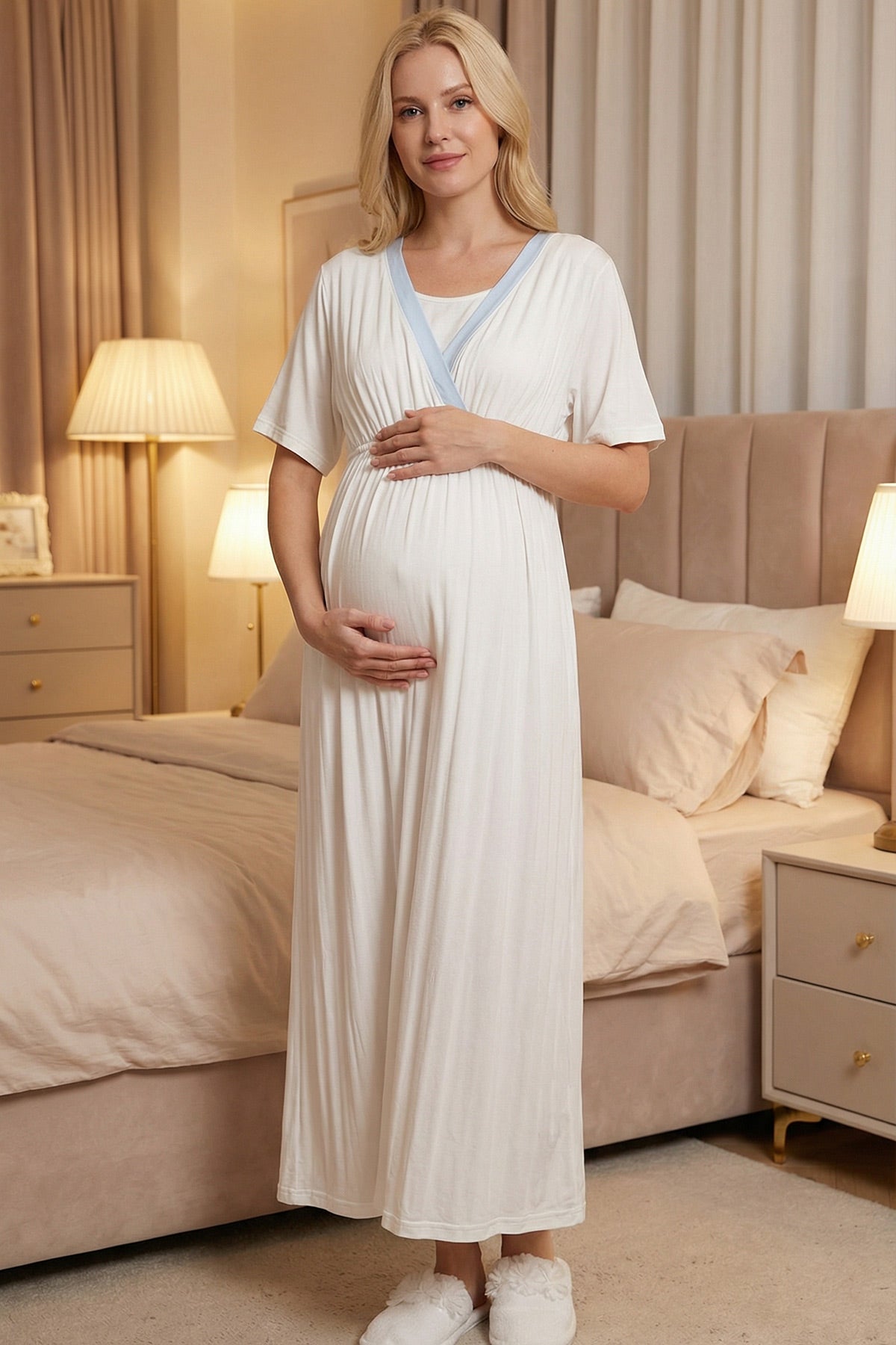 Blue Pleated Maternity-Nursing Nightgown & Robe Set Blue - 2022