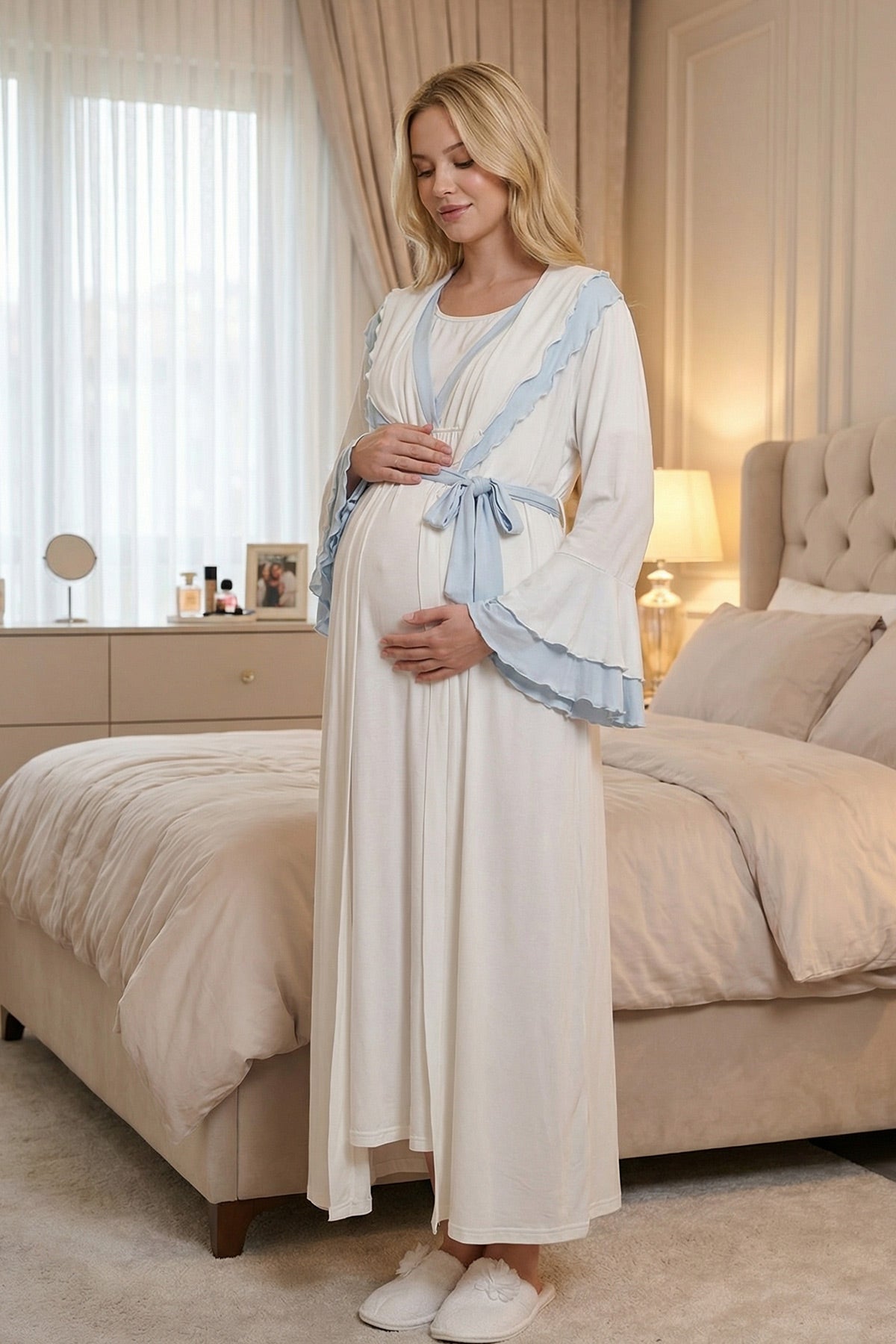 Blue Pleated Maternity-Nursing Nightgown & Robe Set Blue - 2022