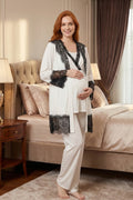 Black Lace Embroidered 3-Piece Maternity-Nursing Pajama & Robe Set Ecru - 2024