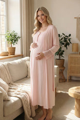 Lace Shoulder Maternity-Nursing Nightgown & Lace Sleeve Robe Set Pink - 2028