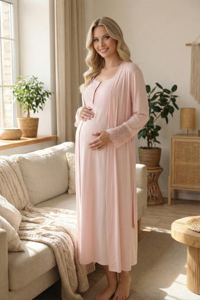 Lace Shoulder Maternity-Nursing Nightgown & Lace Sleeve Robe Set Pink - 2028