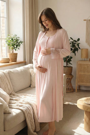 Lace Shoulder Maternity-Nursing Nightgown & Lace Sleeve Robe Set Pink - 2028