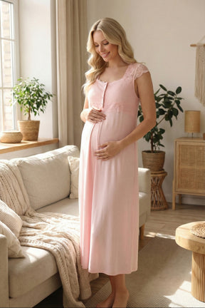 Lace Shoulder Maternity-Nursing Nightgown & Lace Sleeve Robe Set Pink - 2028
