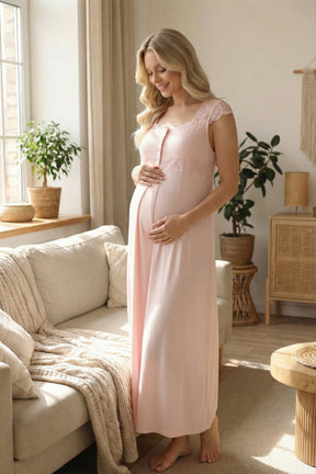 Lace Shoulder Maternity-Nursing Nightgown & Lace Sleeve Robe Set Pink - 2028