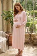 Lace Shoulder Maternity Feeding-Friendly Nightgown & Lace Sleeve Robe Set Pink - L2028