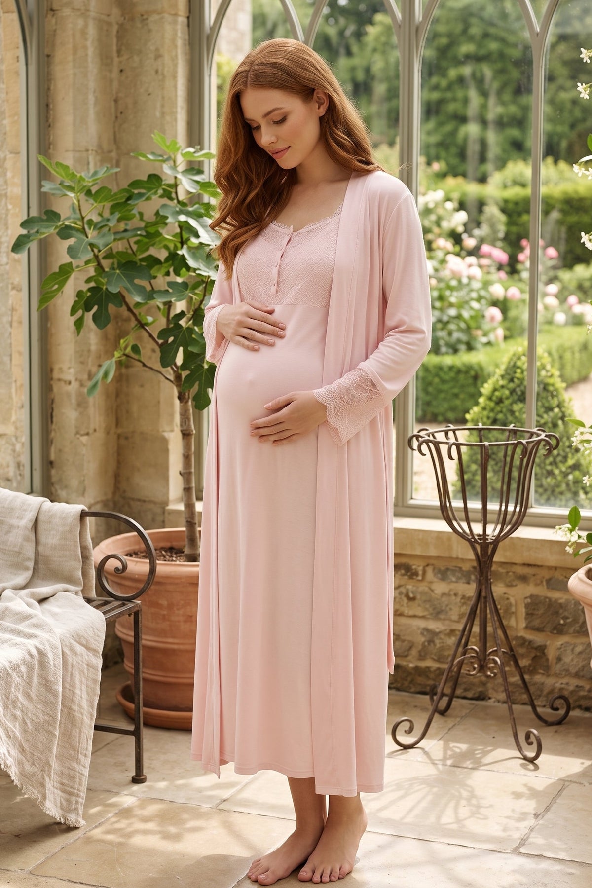 Lace Shoulder Maternity Feeding-Friendly Nightgown & Lace Sleeve Robe Set Pink - L2028